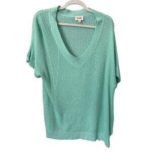 BiBi Sweater Size Medium V Neck Short Sleeve Pullover Open Knit Mint Green Cozy